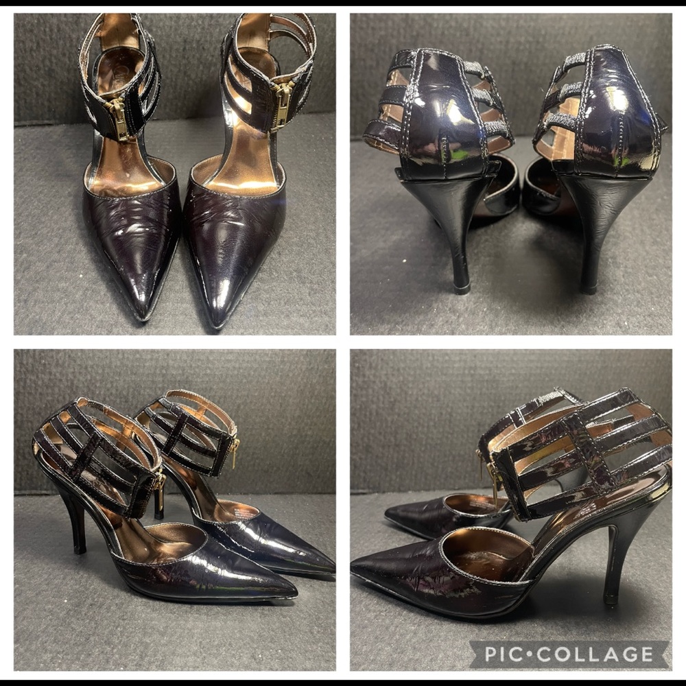 Carlos Santana Black Patent zip up 3 strap ankle heels 5.5M Excellent PRICE FIRM